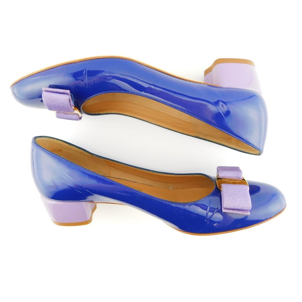 FERRAGAMO Vara Logo Bow Brilliant Blue & Lavender Patent Block Heel Pumps 6.5 - Picture 5 of 13